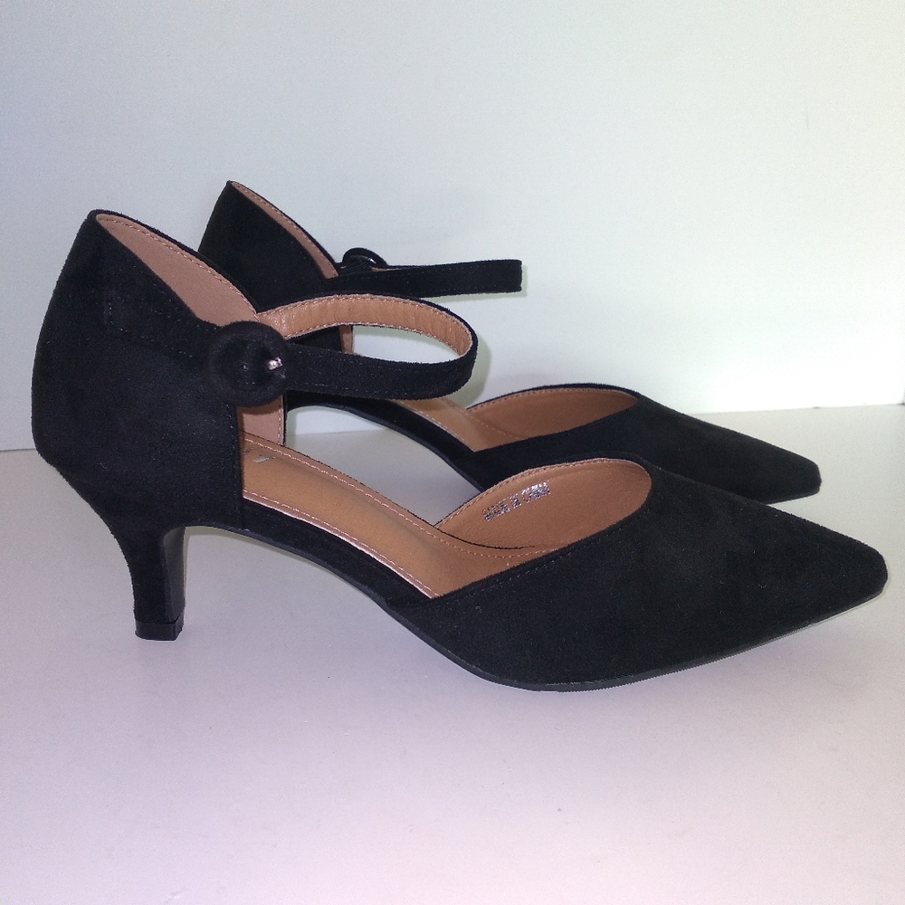 Women's Elegant Black Faux Suede Ankle Strap Kitten Heel Pumps-Size EU 42/US 10 - Picture 3 of 12